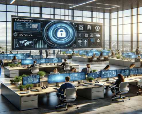 A modern, high tech cybersecurity operations center with employees working at computer stations, overseen by large digital displays showing security analytics and futuristic "Future proof" and "DS Secue" graphics.
